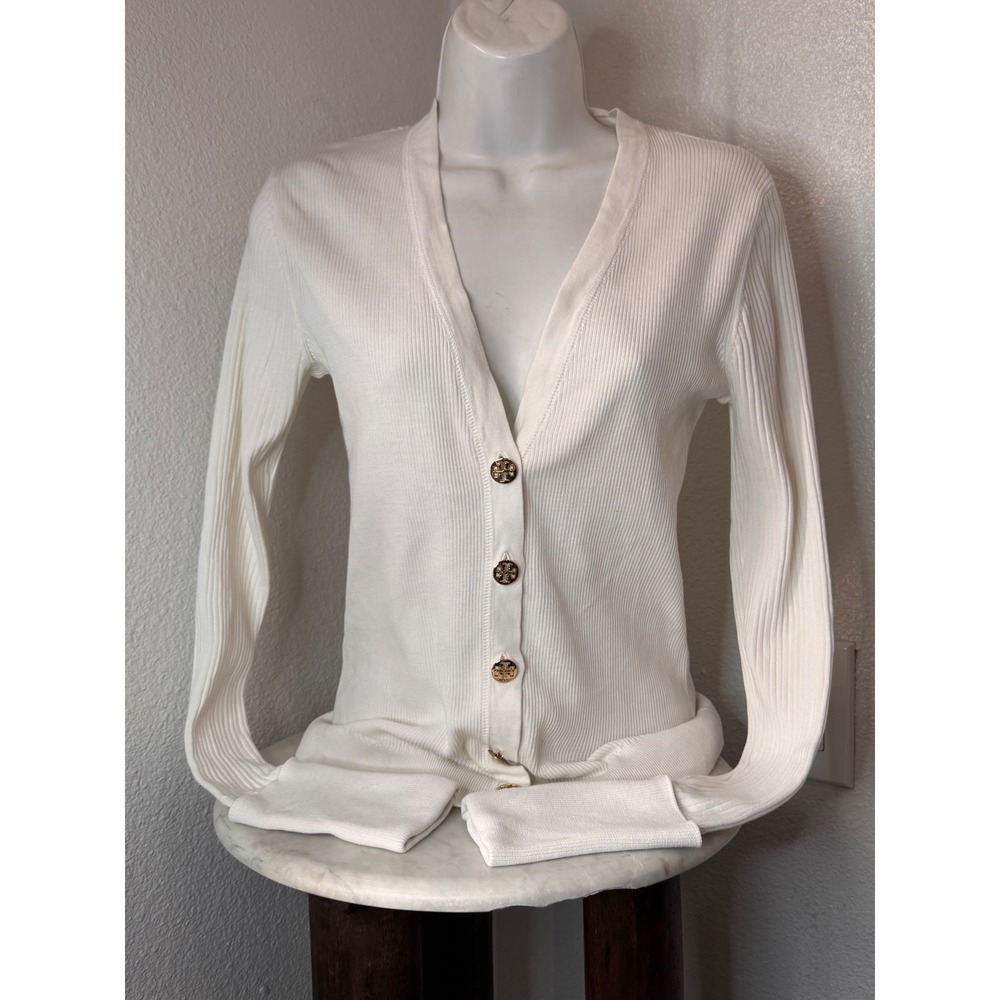 Tory Burch White Ribbed Cotton Simone Cardigan Gold Logo Buttons Small